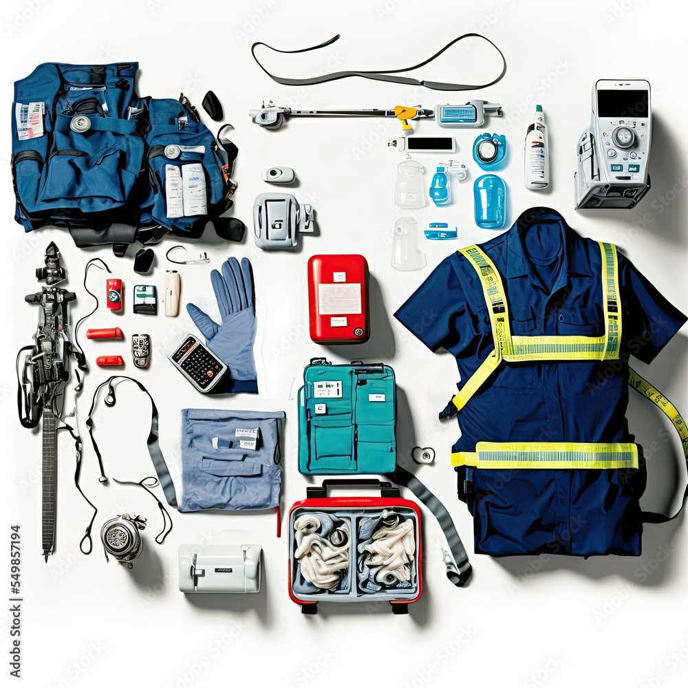 Knolling Flat lay Picture Of Paramedic Gear With Uniform And Surgical knolling-flat-lay-picture-of-paramedic-gear-with-uniform-and-surgical