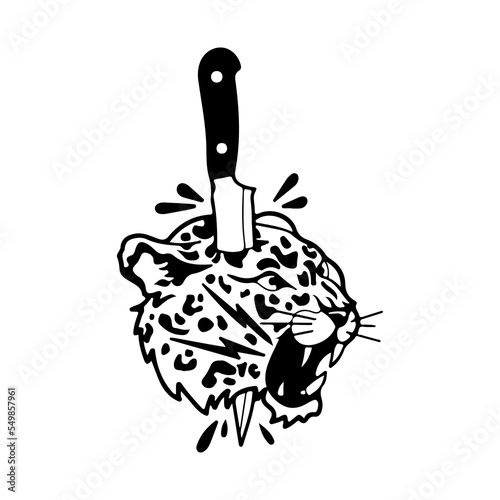 vector illustration of a cheetah head impaled by a knife