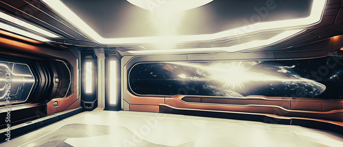 Artistic concept painting of a futuristic space station interior, background illustration.