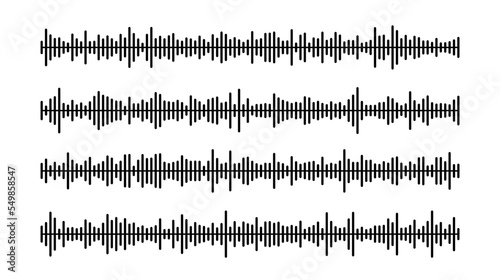 Black sound wave bars set. Music, podcast, audio track samples or voice messages. Equaliser elements collection. Diagram, chart or signal concepts. 