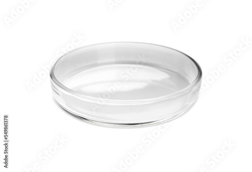 Empty glass Petri dish isolated on white