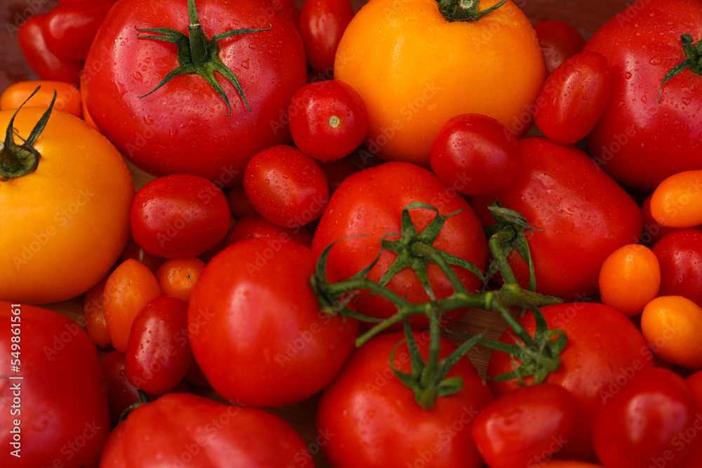 Tasty fresh tomatoes as background, closeup view Tasty fresh tomatoes as background, closeup view