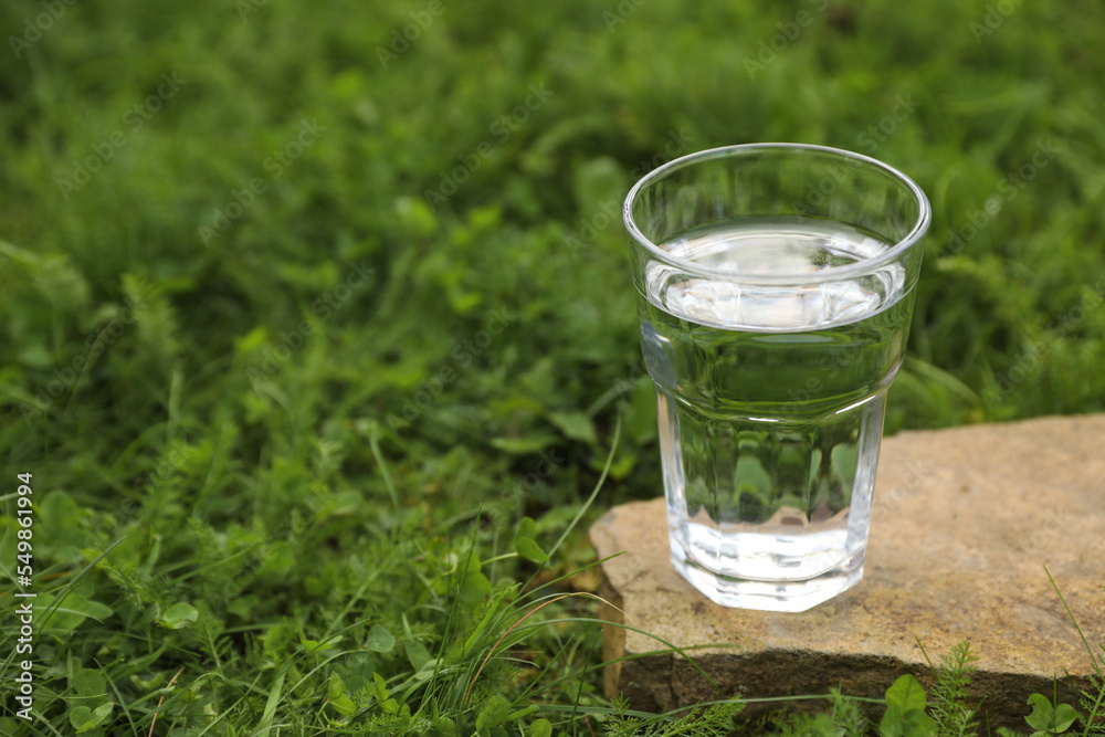 Glass of fresh water on stone in green grass outdoors. Space for text Glass of fresh water on stone in green grass outdoors. Space for text