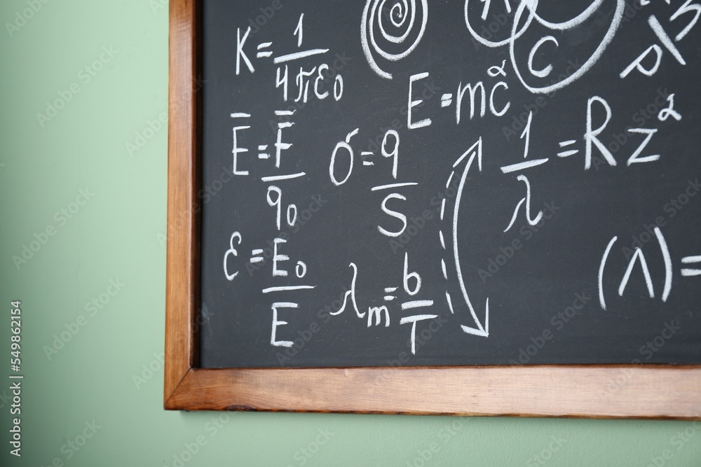 Blackboard with different physical formulas written with chalk on light green wall Blackboard with different physical formulas written with chalk on light green wall