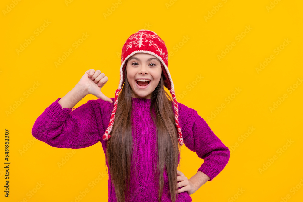 children winter fashion and beauty. teen girl in knitwear. express positive emotion.