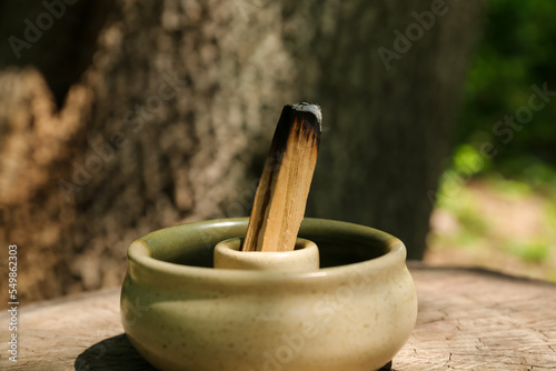 Smoldering palo santo stick in holder on wooden stump outdoors, closeup