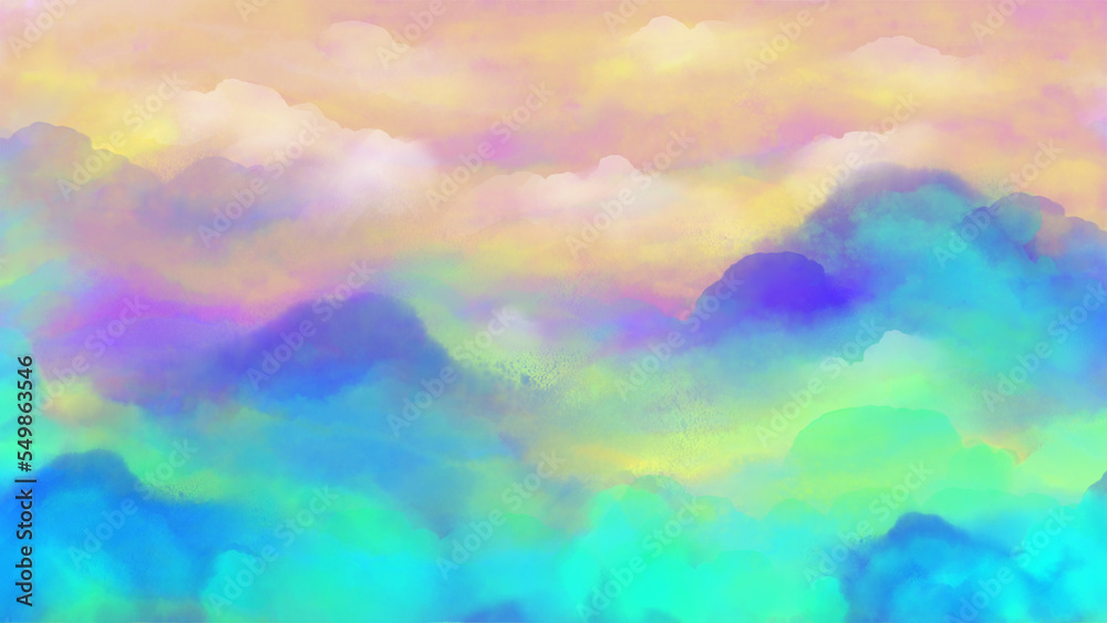 Colorful painted watercolor sky and clouds abstract background