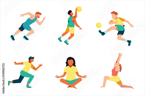 people performing summer outdoor activities - walking dogs, riding bicycle, skateboarding. Group of male and female flat cartoon characters isolated on white background. Vector illustration