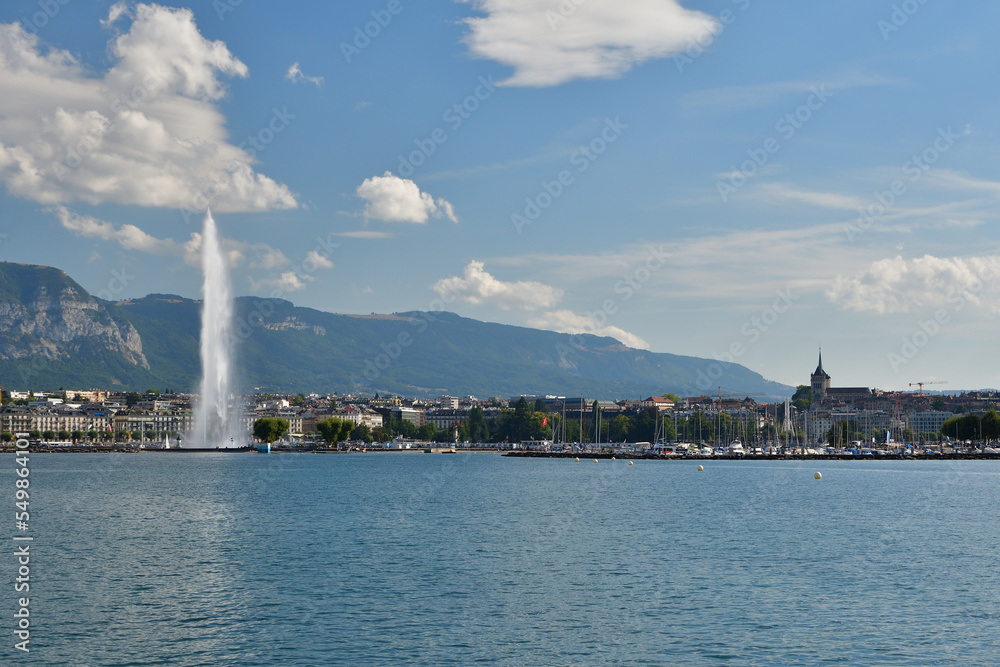 Switzerland, Geneva. Jet d'Eau (Water-Jet) on Lake Geneva. August 15, 2022.