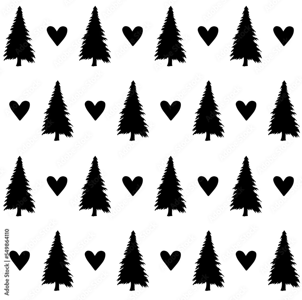 Vector seamless pattern of hand drawn spruce christmas tree and hearts silhouette isolated on white background