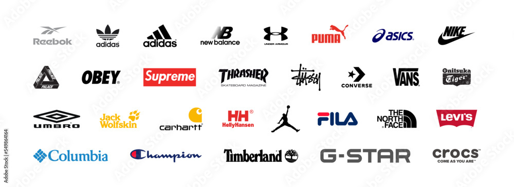Top popular sportswear brands emblem logo set. Collection logos: Nike,  Adidas, Under Armour, Puma, Columbia Sportswear, ASICS, The North Face,  Converse, Fila, New Balance editorial in vector flat. Stock Vector