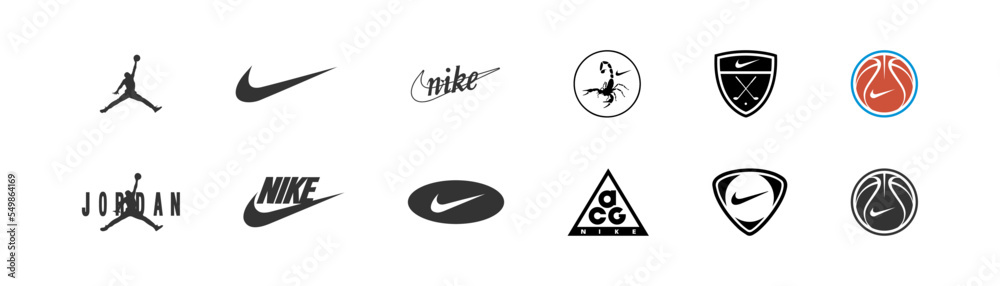 Nike brand logo different collection set. Popular sportswear