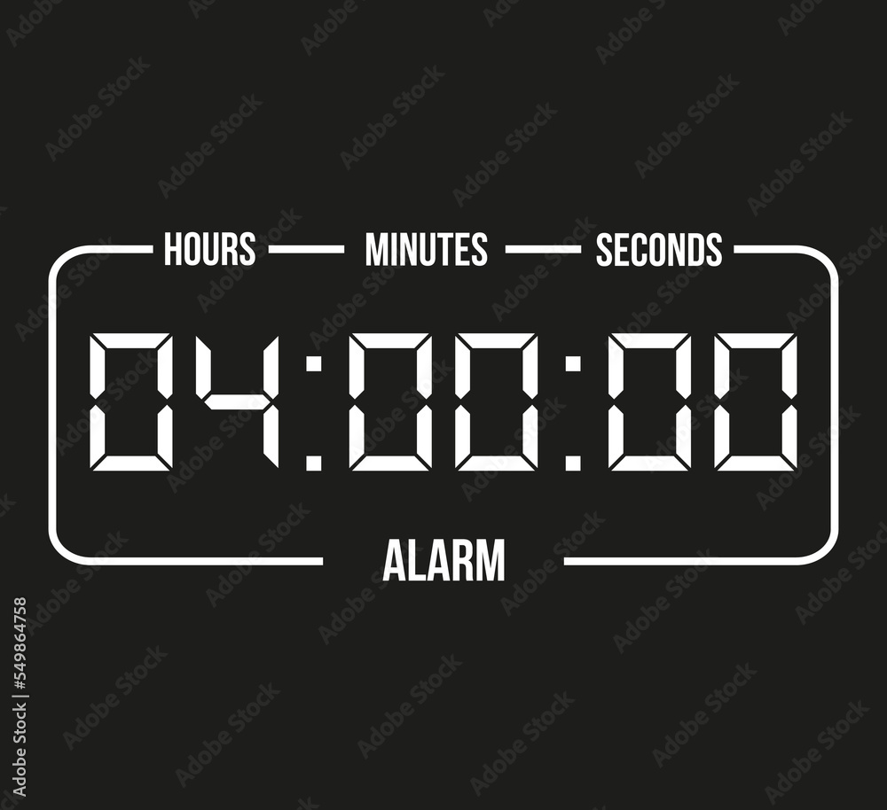 4 hours digital alarm. White and black time counter clock. Banner for schedules and appointments