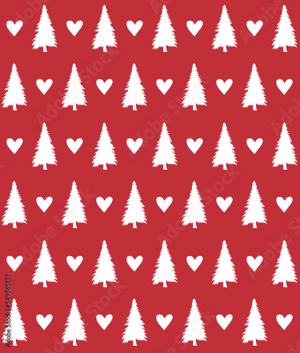 Vector seamless pattern of hand drawn spruce christmas tree and hearts silhouette isolated on red background