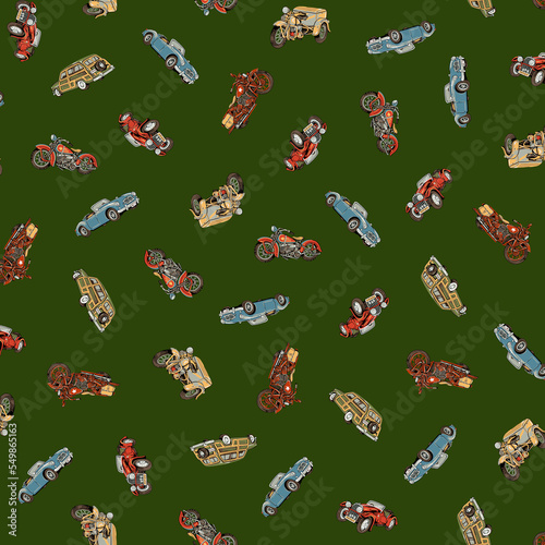 Hand drawn old car seamless pattern,