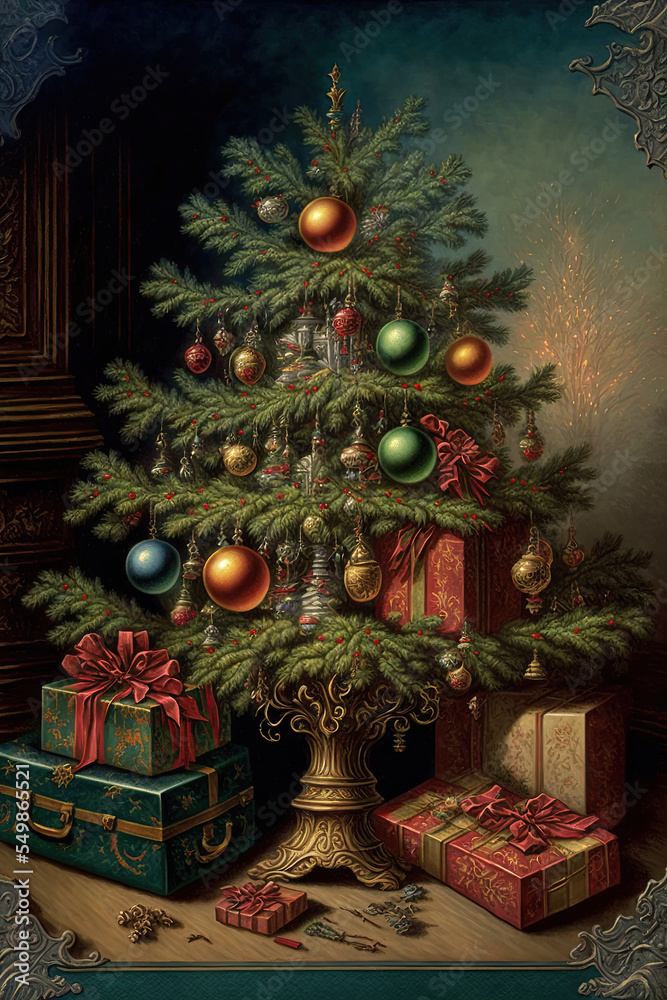 Illustration of a beautifuly decorated christmas tree with ornaments and christnas gifts in a vistorian style