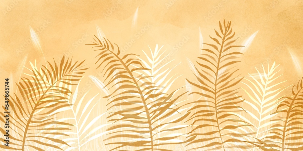 Obraz premium Tropical palm leaves wallpaper. Trendy interior mural sunset colours.Fresco concept. Watercolor and artist brushes.