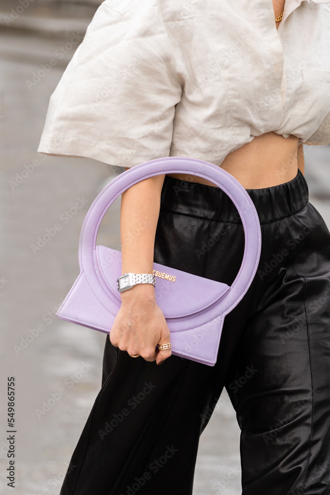 Paris, France - October, 2: woman wearing Le Sac Rond top handle bag from  Jacquemus, street style outfit details. Stock Photo | Adobe Stock