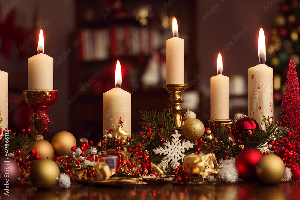 white candles on a Christmas table with Christmas decorations white candles on a Christmas table with Christmas decorations