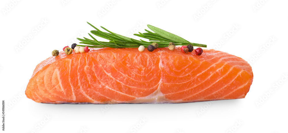 Piece of fresh raw salmon and spices on white background