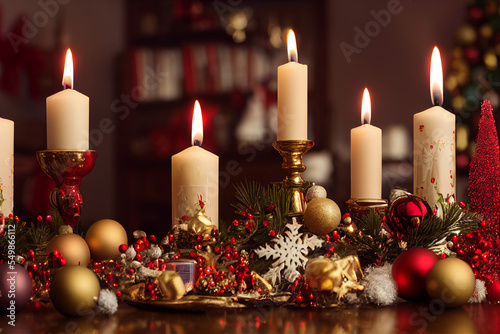 white candles on a Christmas table with Christmas decorations