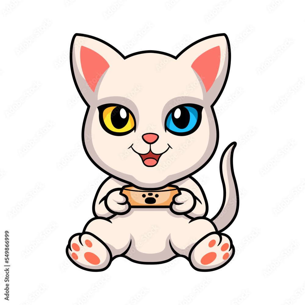 Cute khao manee cat cartoon holding food bowl Cute khao manee cat cartoon holding food bowl
