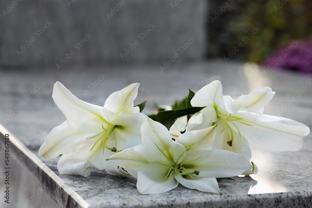 White lilies on granite tombstone outdoors. Funeral ceremony White lilies on granite tombstone outdoors. Funeral ceremony