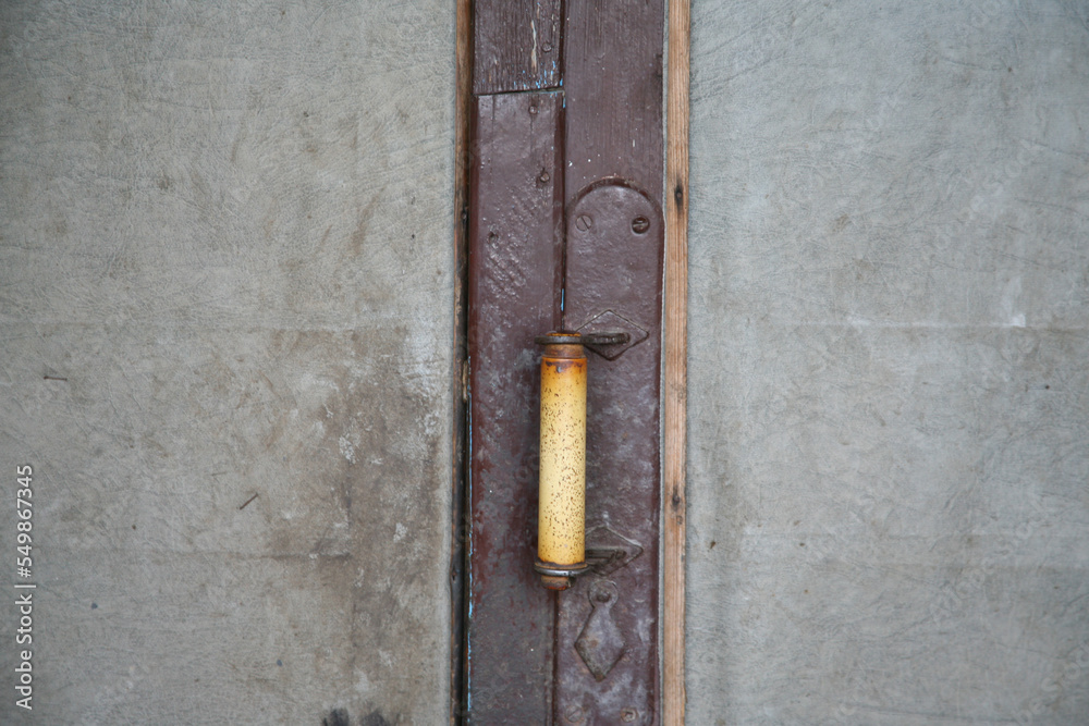 An old gray hut door and a bone handle. An old gray hut door and a bone handle.