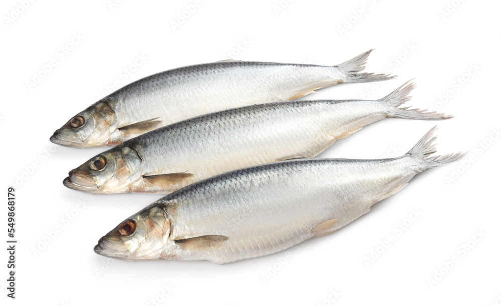 Whole delicious salted herrings isolated on white Whole delicious salted herrings isolated on white