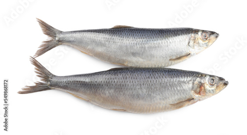 Whole delicious salted herrings isolated on white, top view