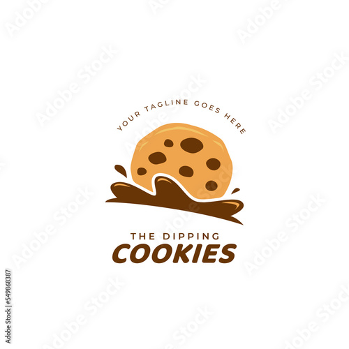dipping chocochips cookies logo icon. chocolate chip cookie logo dip into chocolate cream logo illustration