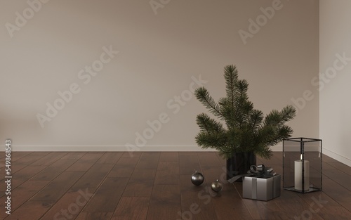 Fototapeta Naklejka Na Ścianę i Meble -  Cozy christmas interior living room, vase with a Christmas tree and a gift on a wooden floor. Christmas mood in the room. Template, background for Christmas card