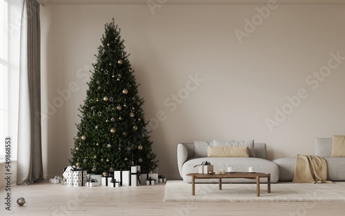 Cozy christmas living room decorated christmas pine tree  decorations  garlands  candles  beige sofa. gifts under the tree. Template  background for card. New Year celebration and xmas