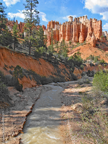 Castle like red rock spires rise above yellow Creek in Bryce Canyon National Park.