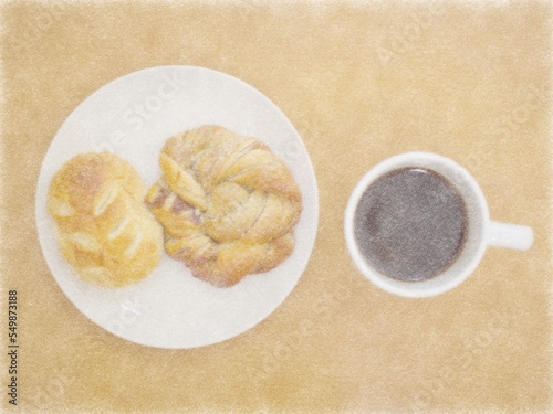 Illustration of bread and coffee with fibrous texture