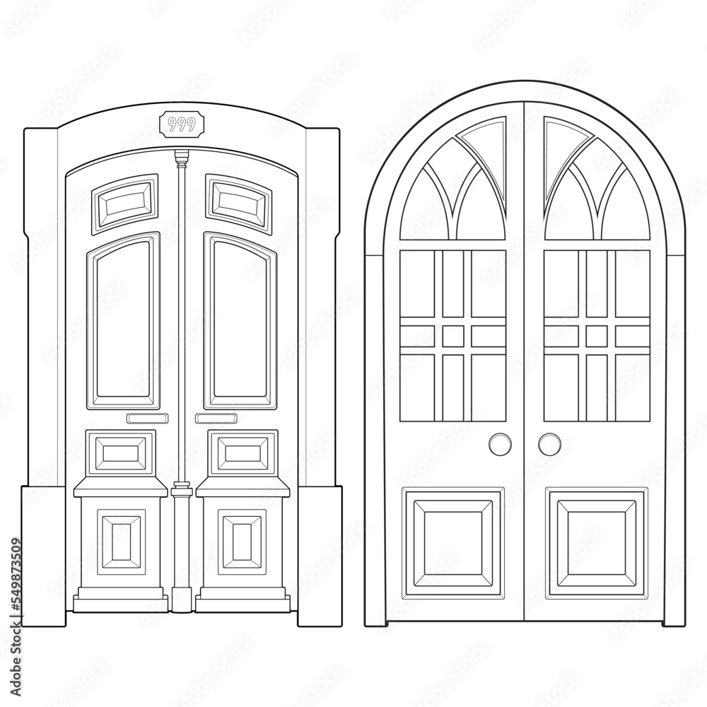 Set of old door  line vector art.  Old door isolated on white background. old door in line art style vector. for coloring book