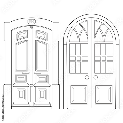 Set of old door  line vector art.  Old door isolated on white background. old door in line art style vector. for coloring book