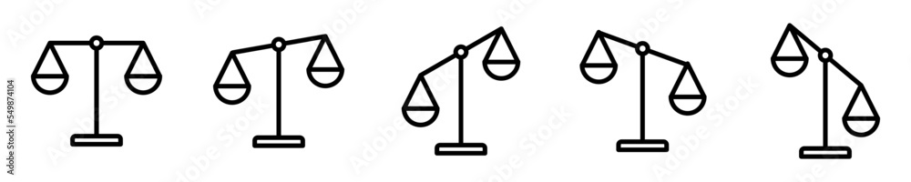 Conjunto de iconos de balanza. Concepto de justicia, peso, equilibrio, igualdad. Ilustración vectorial - obrazy, fototapety, plakaty 