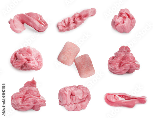 Set with used chewing gums and new ones on white background