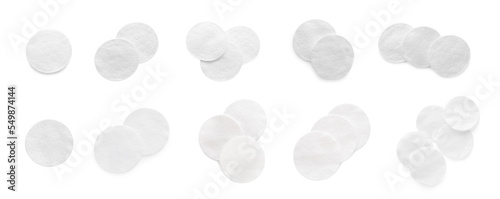 Set with soft clean cotton pads on white background, top view. Banner design