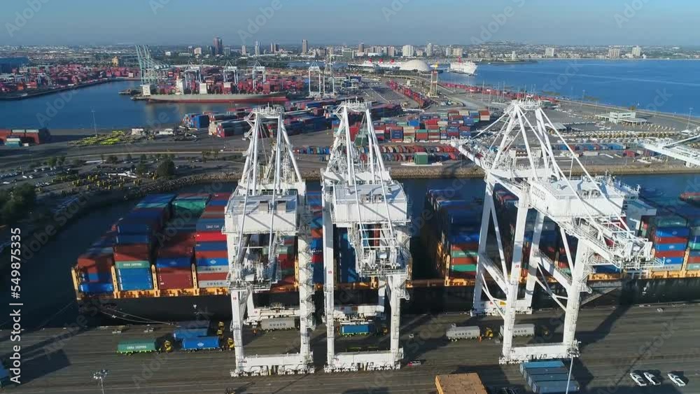 Los Angeles, California. Aerial view of a container terminal with port cranes.