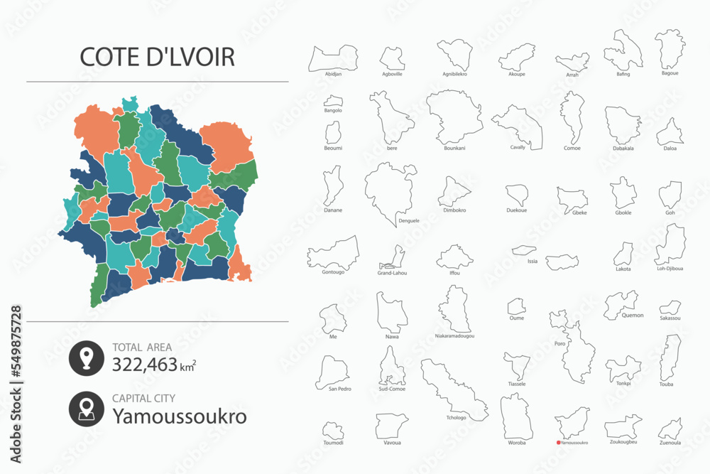 Map of Cote d'lvoir with detailed country map. Map elements of cities, total areas and capital.