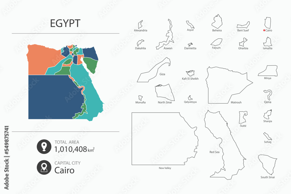 Map of Egypt with detailed country map. Map elements of cities, total areas and capital.