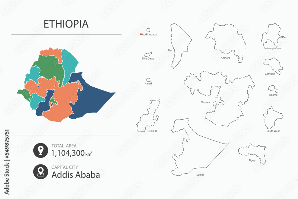 Fototapeta premium Map of Ethiopia with detailed country map. Map elements of cities, total areas and capital.