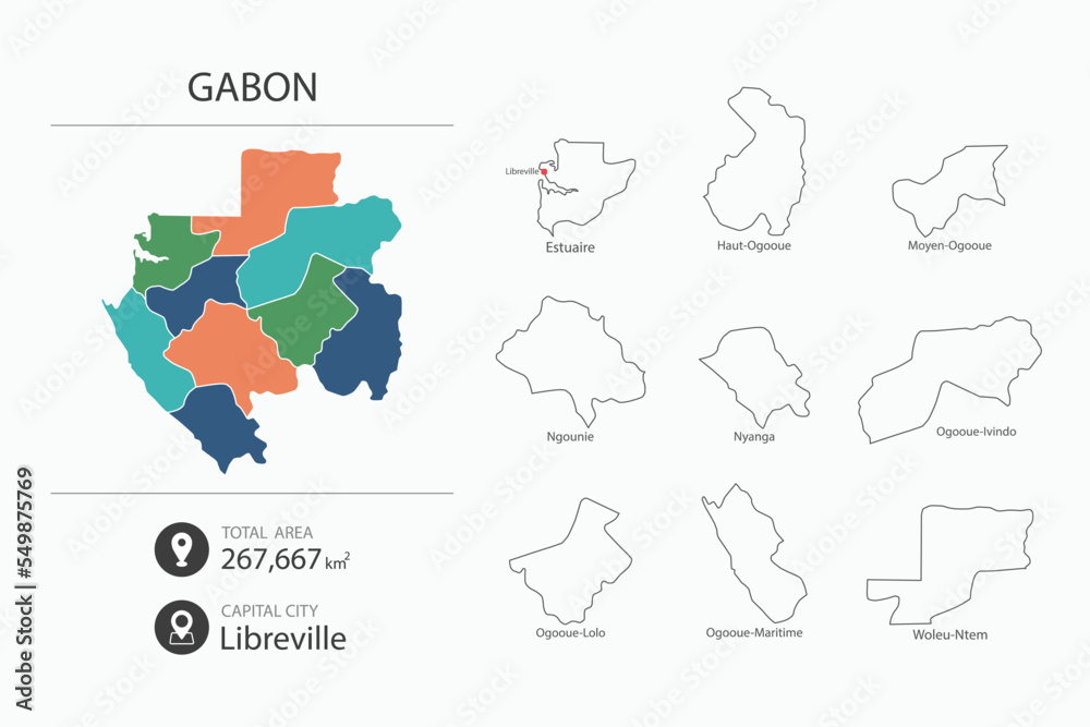 Map of Gabon with detailed country map. Map elements of cities, total areas and capital.