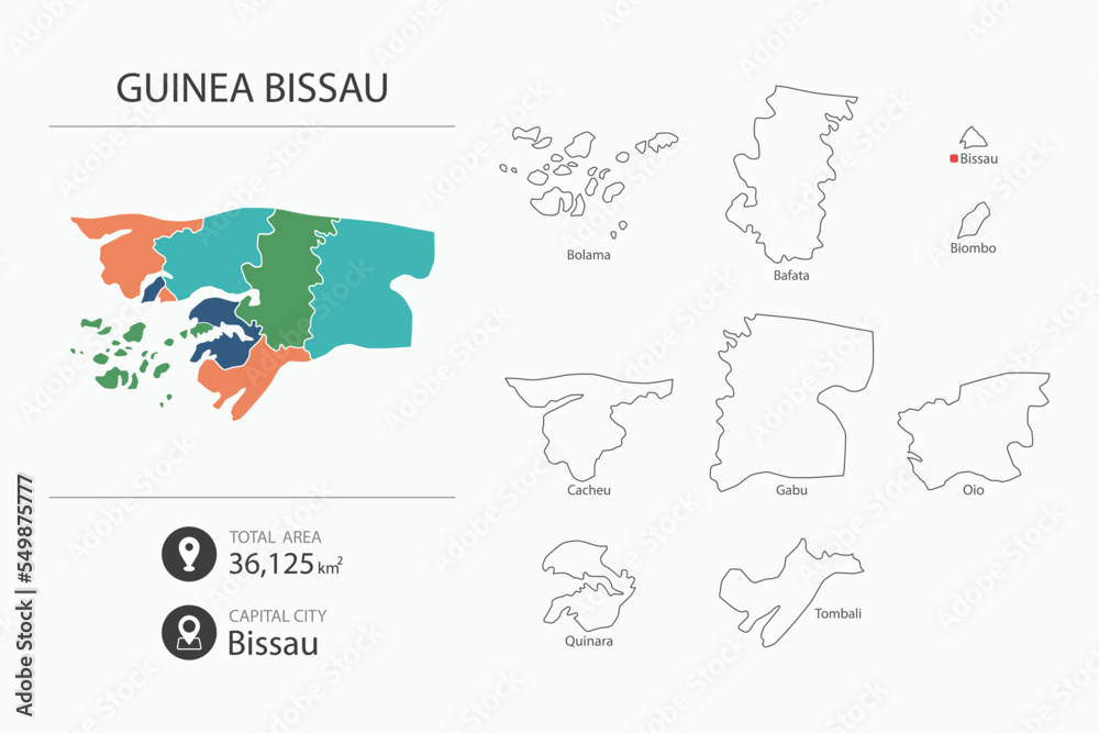 Fototapeta premium Map of Guinea Bissau with detailed country map. Map elements of cities, total areas and capital.