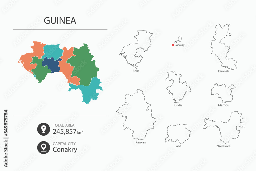 Naklejka premium Map of Guinea with detailed country map. Map elements of cities, total areas and capital.