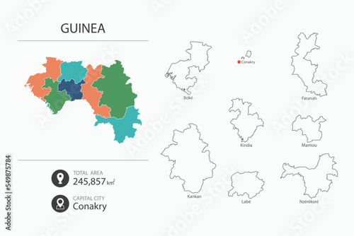 Map of Guinea with detailed country map. Map elements of cities  total areas and capital.
