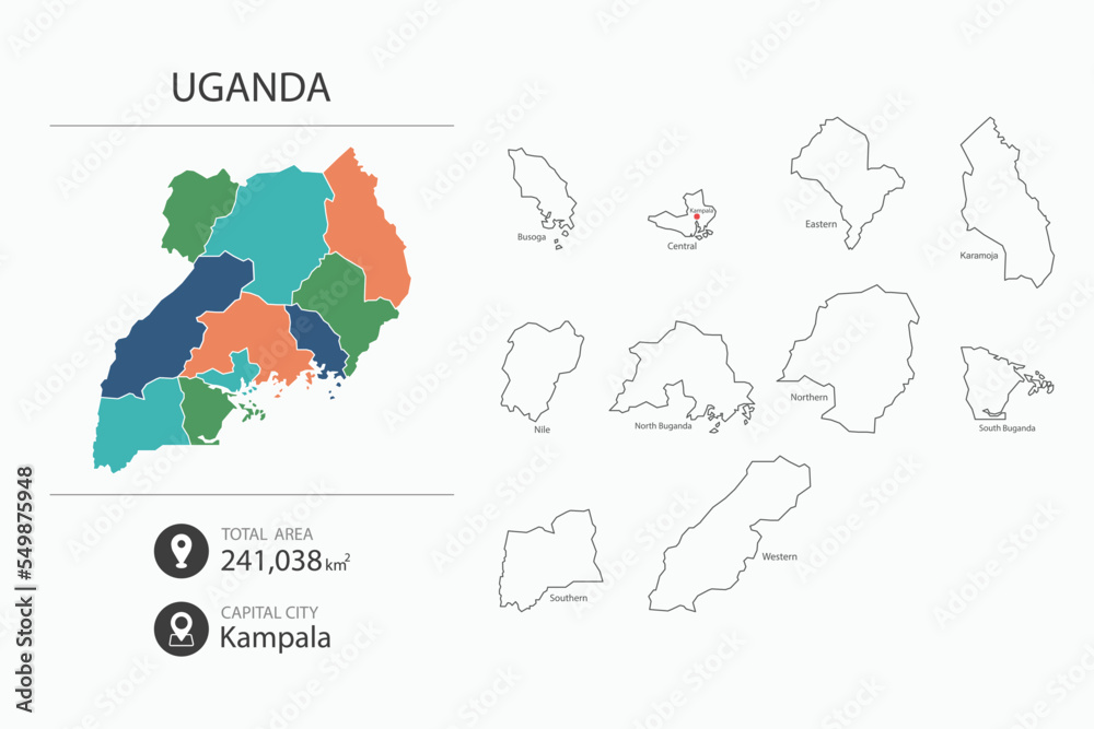 Map of Uganda with detailed country map. Map elements of cities, total areas and capital.