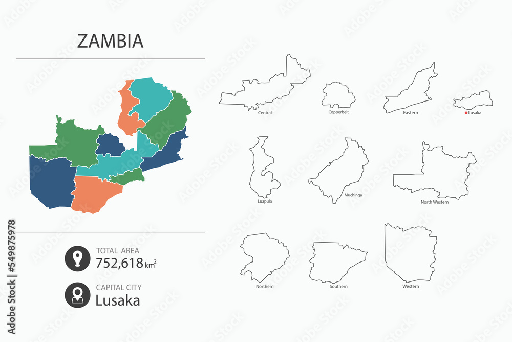 Map of Zambia with detailed country map. Map elements of cities, total areas and capital.
